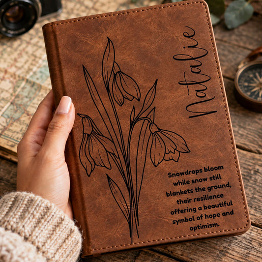 Personalized Birth Flower Journal, Laser Engraved Leatherette Notebook with Flower Meaning