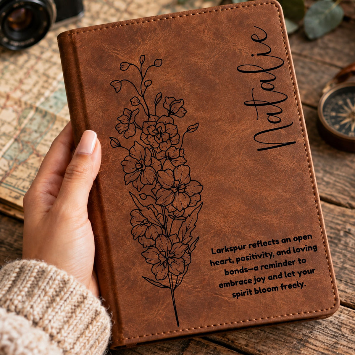 Personalized Birth Flower Journal, Laser Engraved Leatherette Notebook with Flower Meaning