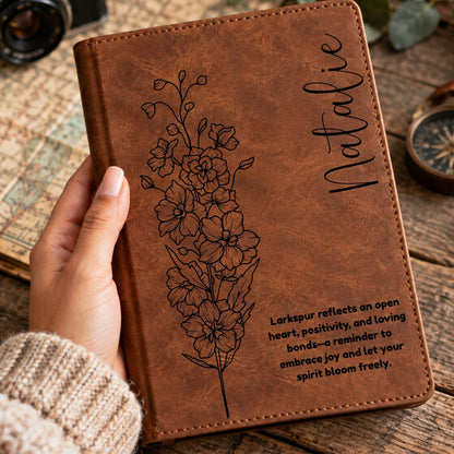 Personalized Birth Flower Journal, Laser Engraved Leatherette Notebook with Flower Meaning