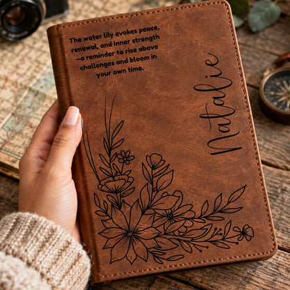 Personalized Birth Flower Journal, Laser Engraved Leatherette Notebook with Flower Meaning