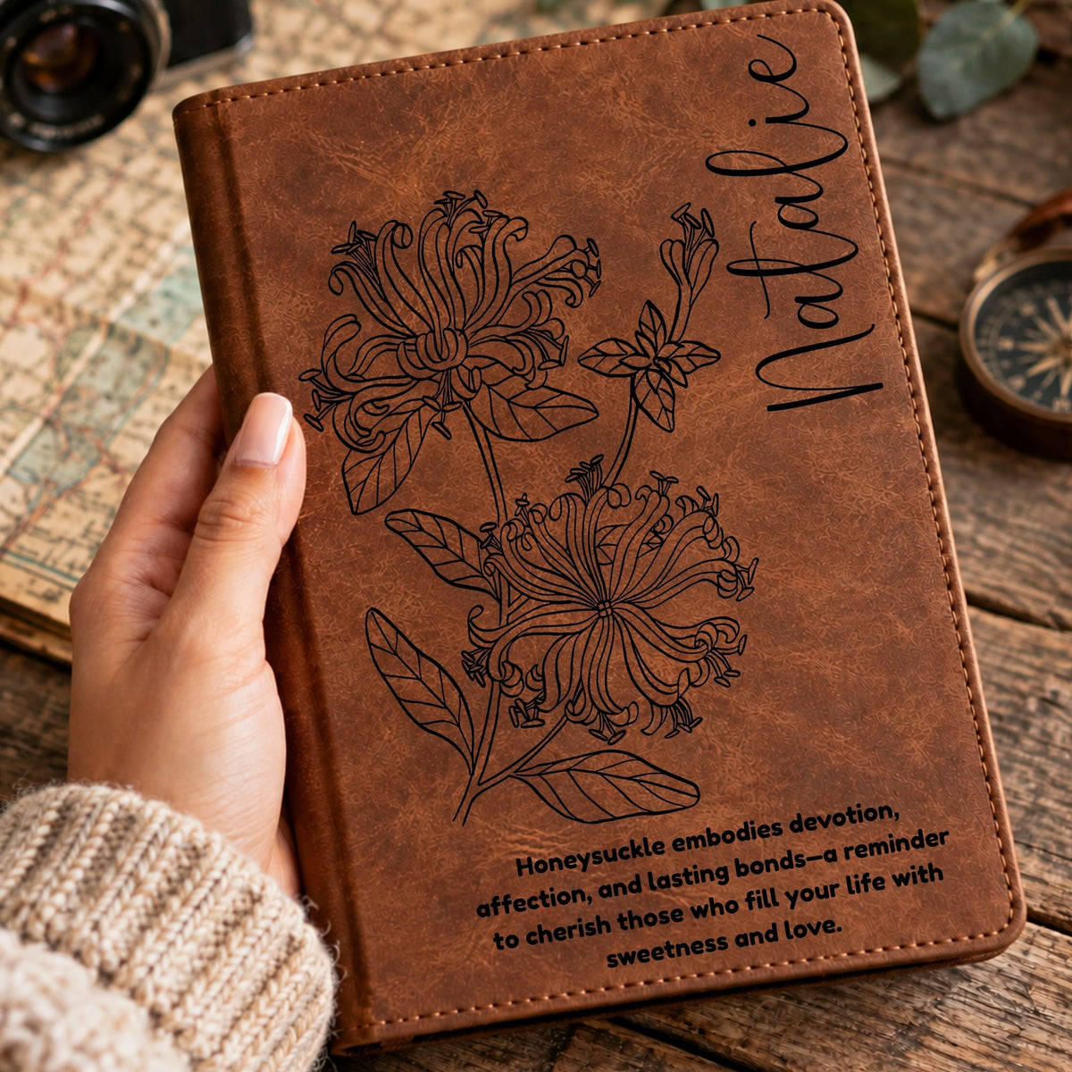Personalized Birth Flower Journal, Laser Engraved Leatherette Notebook with Flower Meaning