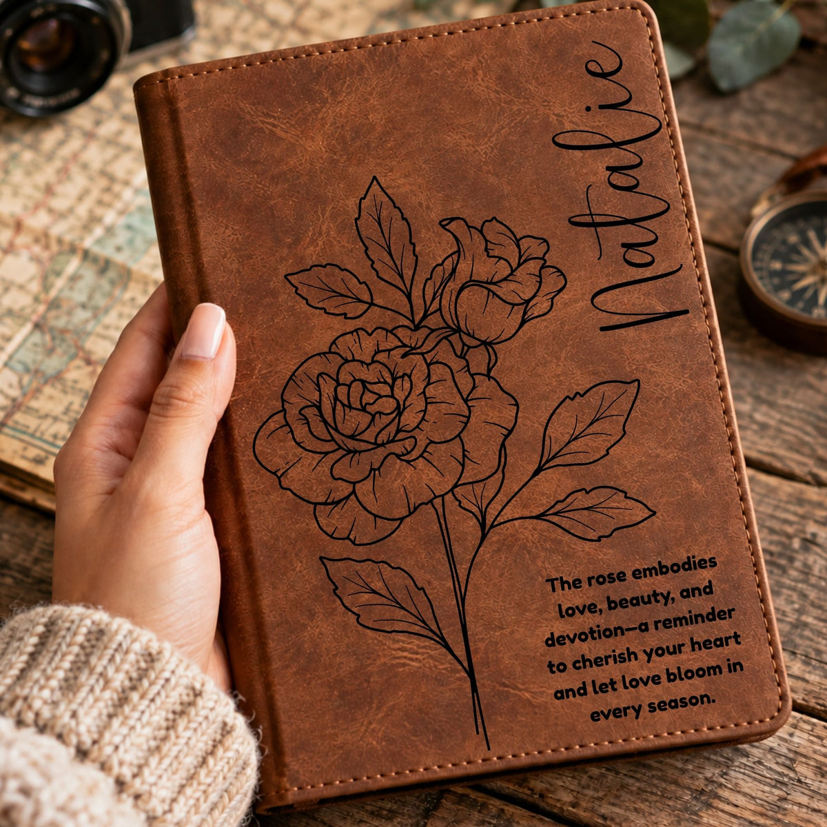 Personalized Birth Flower Journal, Laser Engraved Leatherette Notebook with Flower Meaning