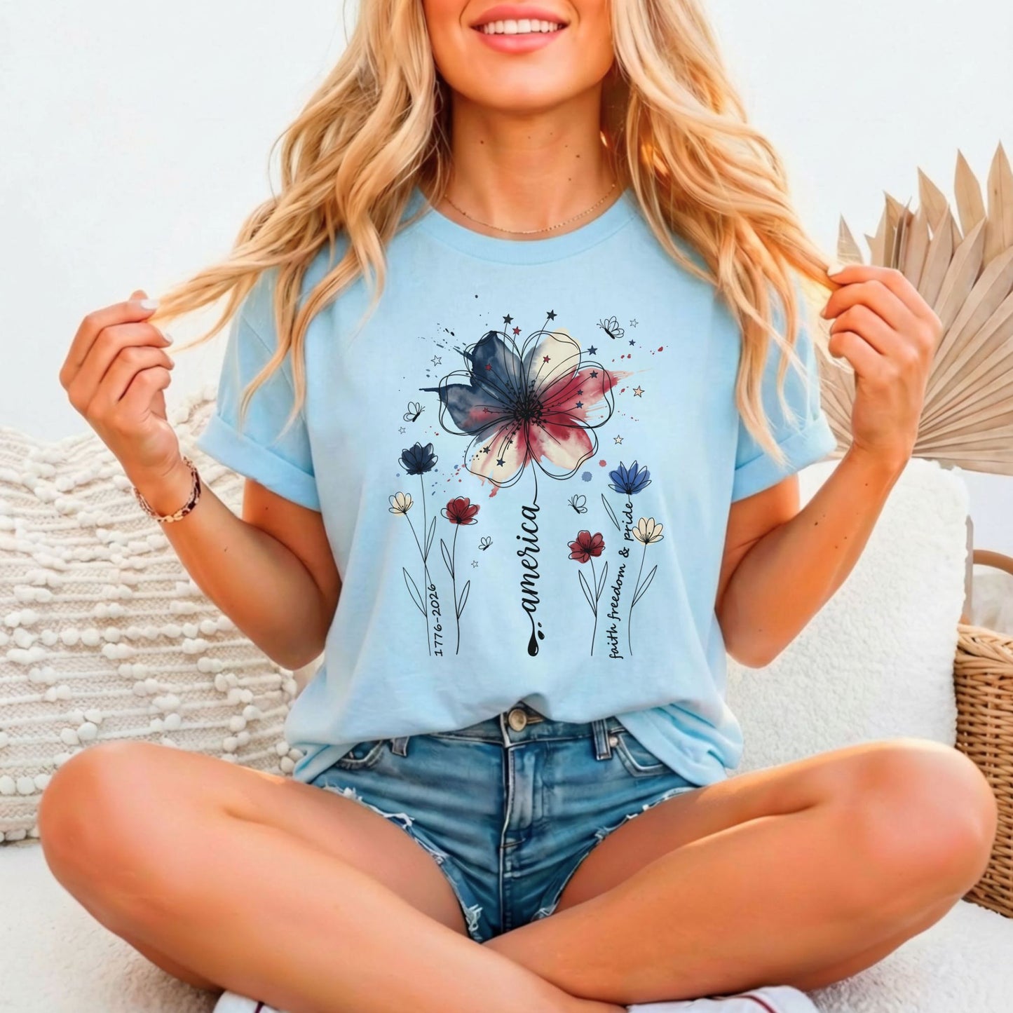 America Faith Freedom Pride 1776–2026 Floral Tee | Bella Canvas 3001