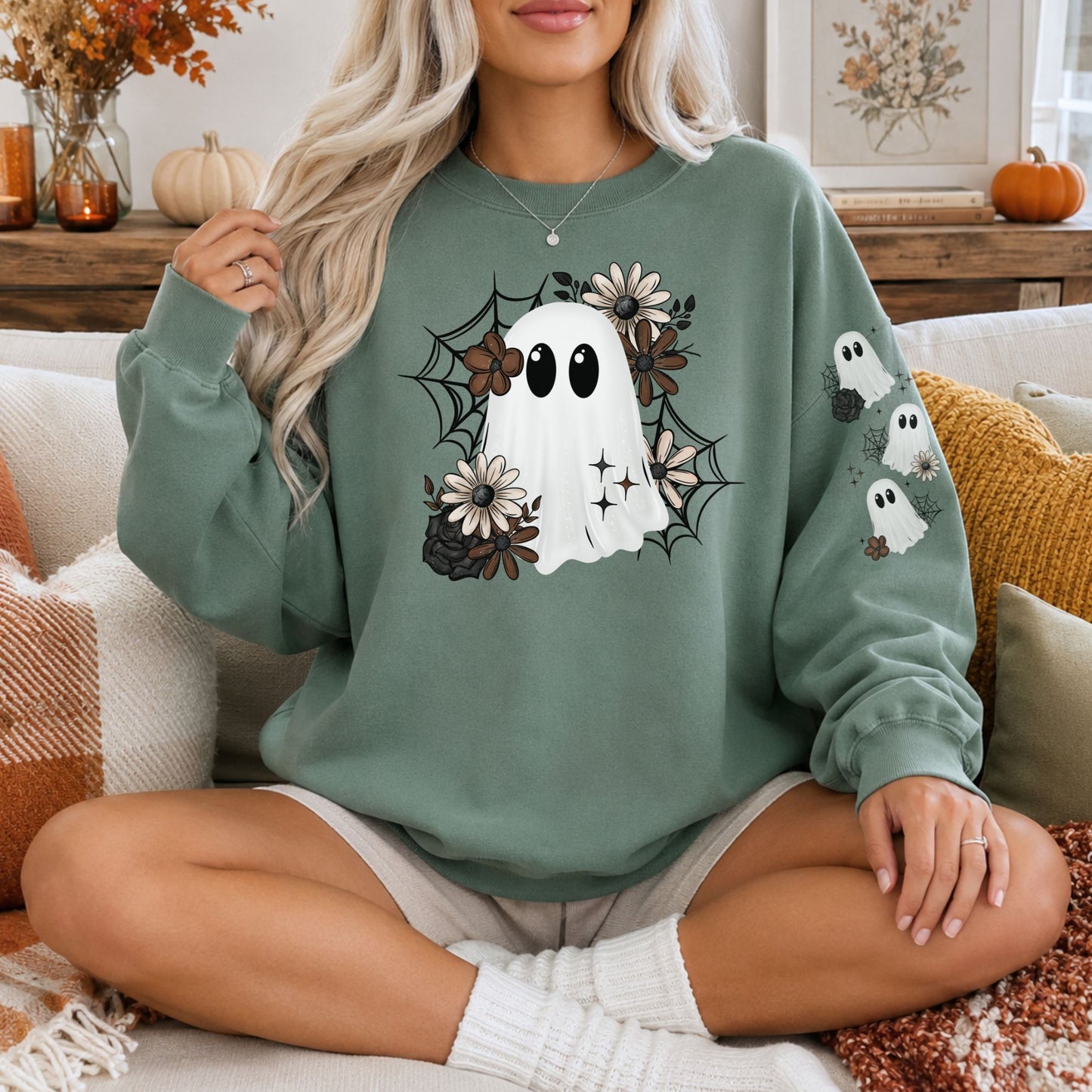 Ghost with Sleeve Ghosties Comfort Colors 1566 Sweatshirt | Halloween Sweatshirt