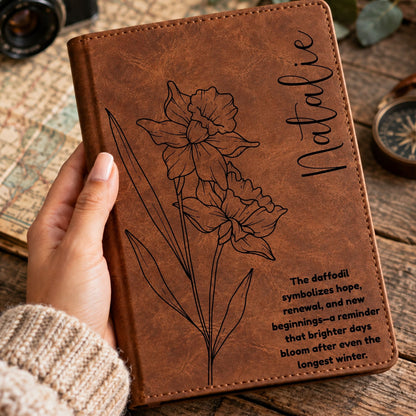 Personalized Birth Flower Journal, Laser Engraved Leatherette Notebook with Flower Meaning