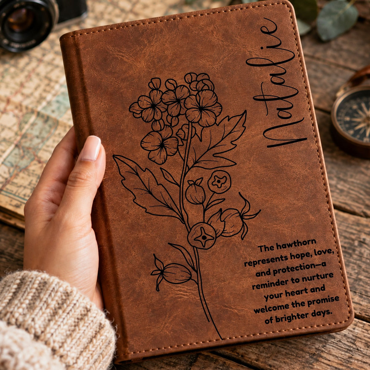 Personalized Birth Flower Journal, Laser Engraved Leatherette Notebook with Flower Meaning