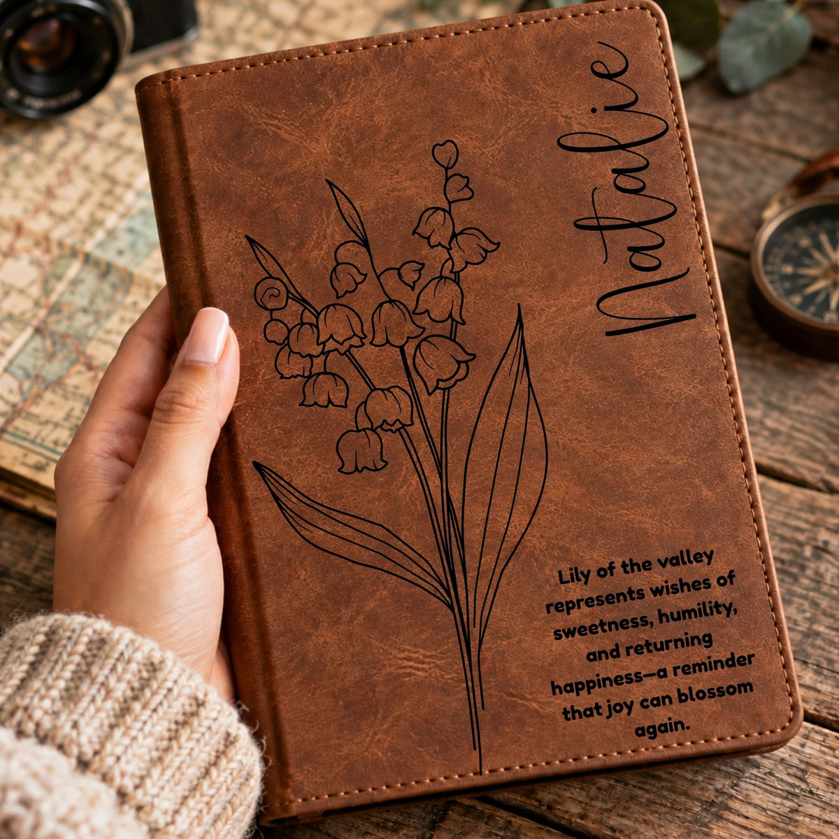 Personalized Birth Flower Journal, Laser Engraved Leatherette Notebook with Flower Meaning