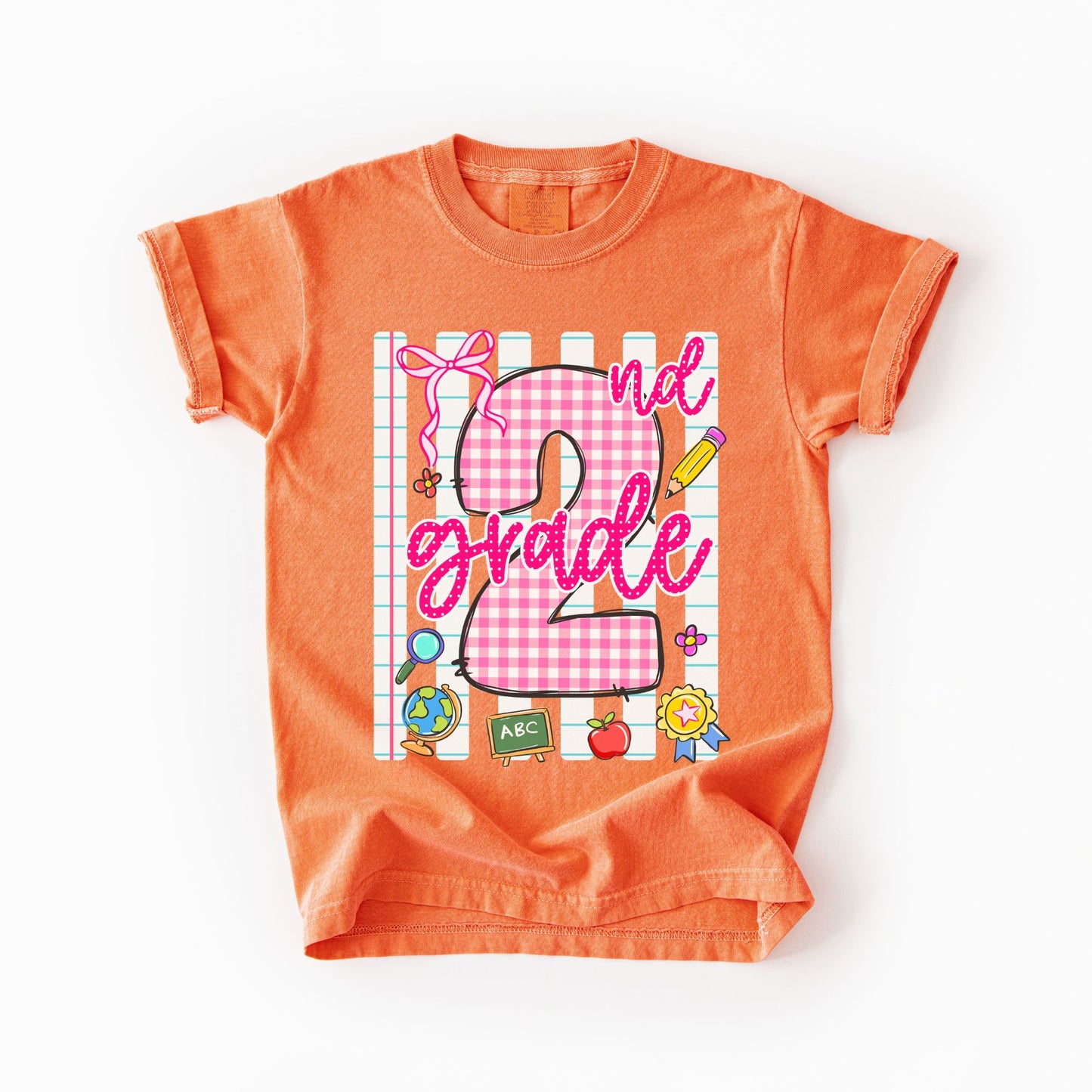Girls Back to School Comfort Colors Tee – Striped Notebook & Pink Gingham Numbers