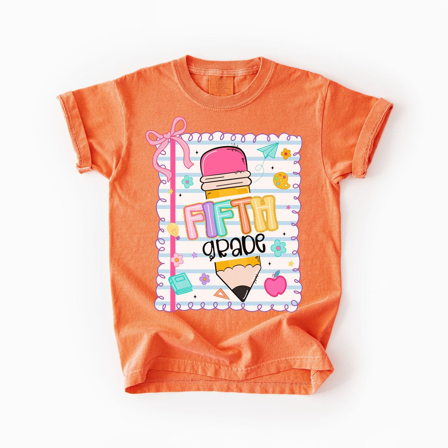 Girls Back to School Comfort Colors Tee – Pencil, Notebook & Ribbon - Pre-K to 5th Grade