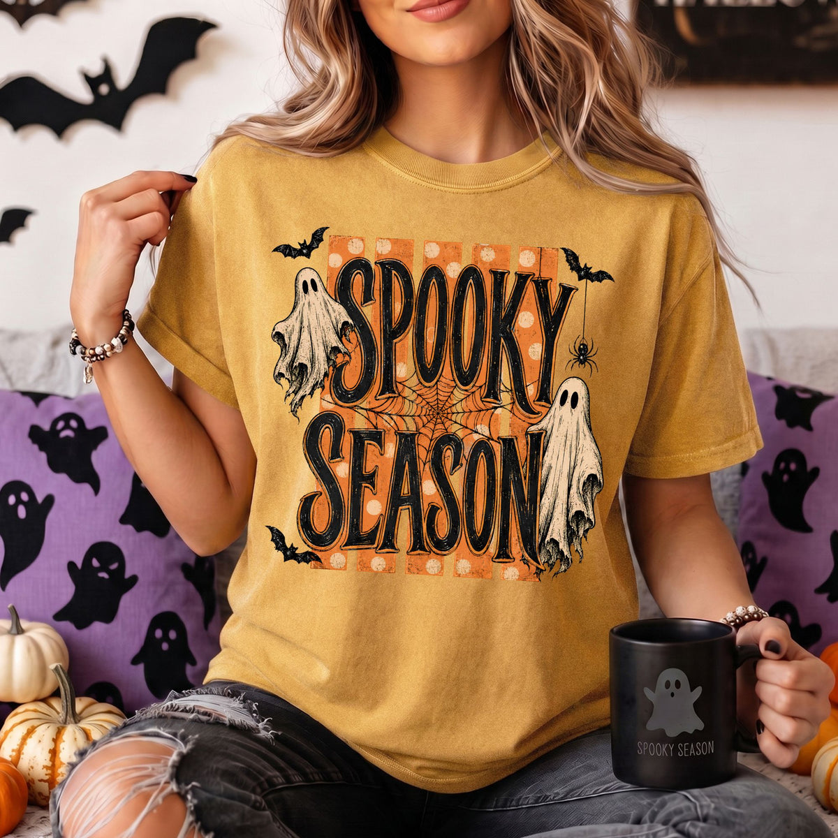 Spooky Season Halloween Comfort Colors Tee, Long Sleeve or Sweatshirt | Orange Stripes & Flying Ghosts