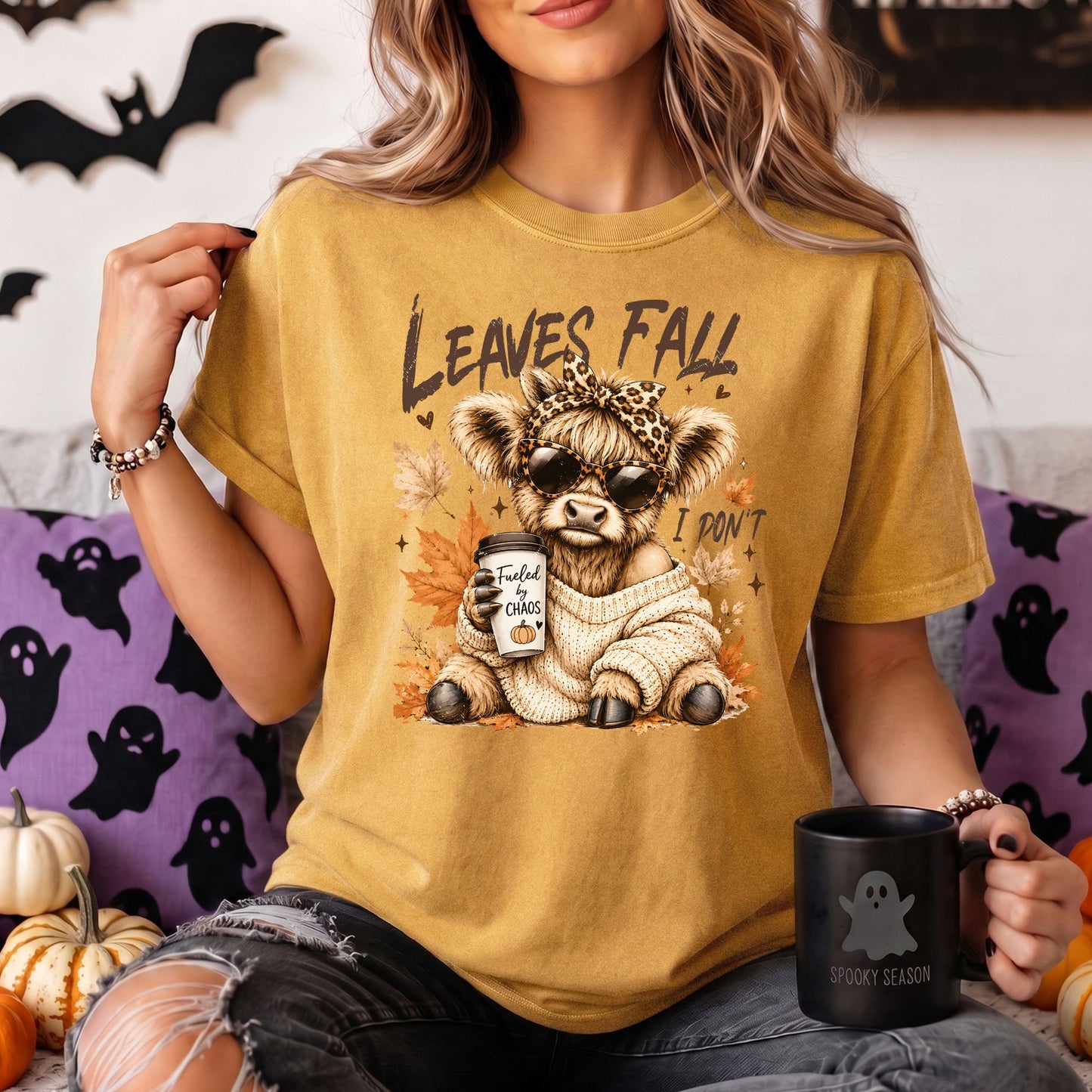 Leaves Fall, I Don't | Fueled by Chaos Highland Cow Comfort Colors Tee or Sweatshirt