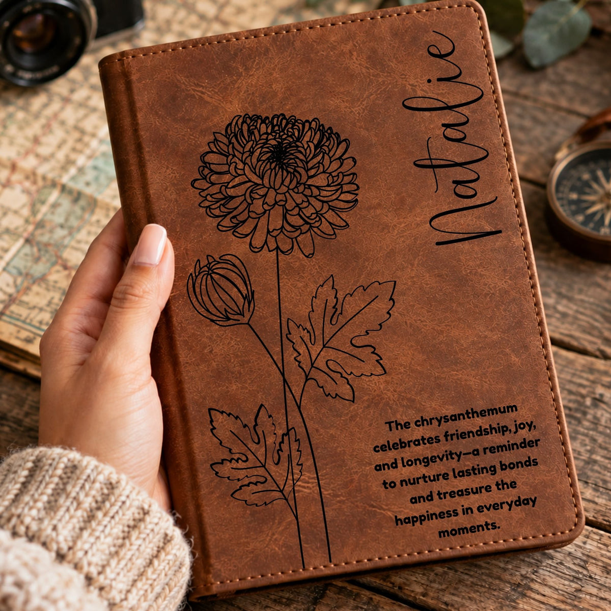 Personalized Birth Flower Journal, Laser Engraved Leatherette Notebook with Flower Meaning
