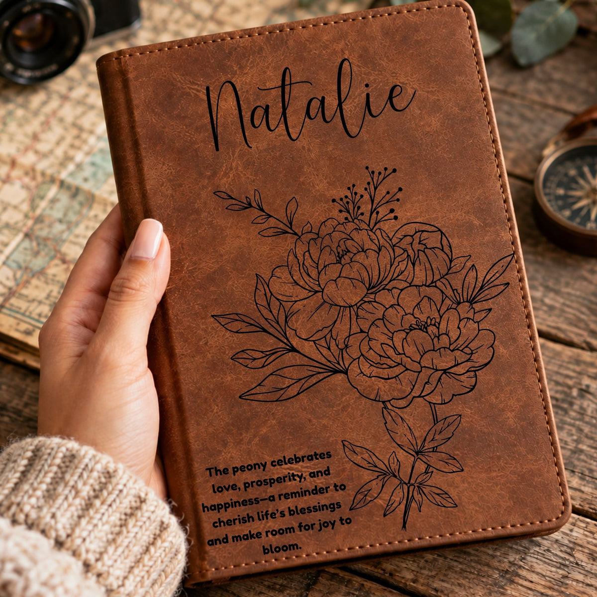 Personalized Birth Flower Journal, Laser Engraved Leatherette Notebook with Flower Meaning