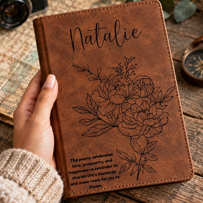 Personalized Birth Flower Journal, Laser Engraved Leatherette Notebook with Flower Meaning