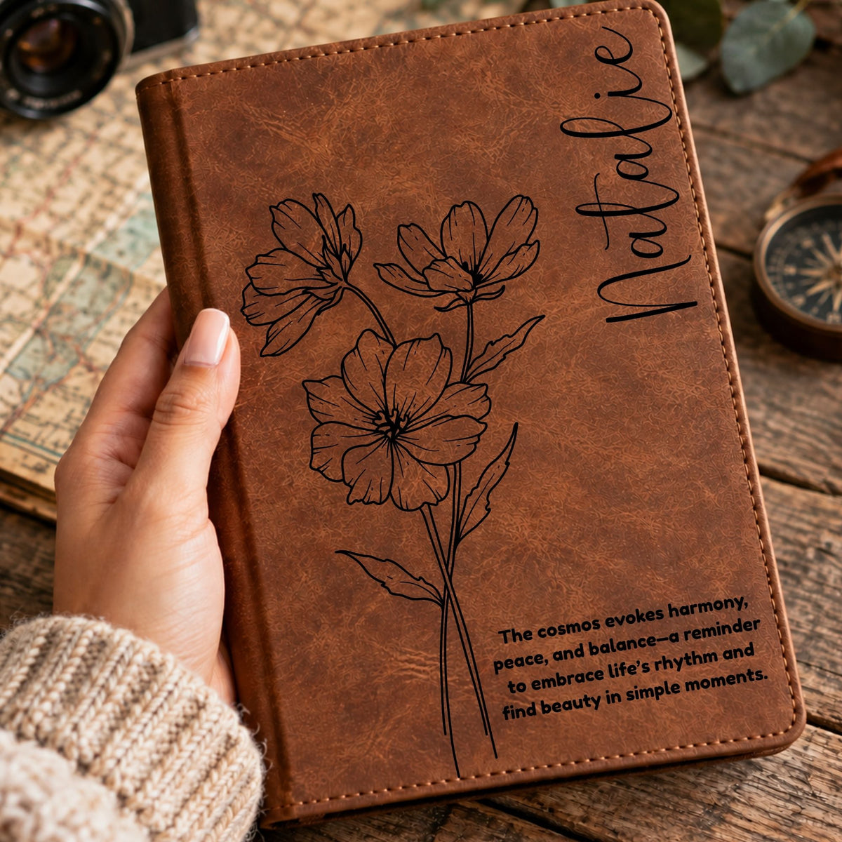 Personalized Birth Flower Journal, Laser Engraved Leatherette Notebook with Flower Meaning