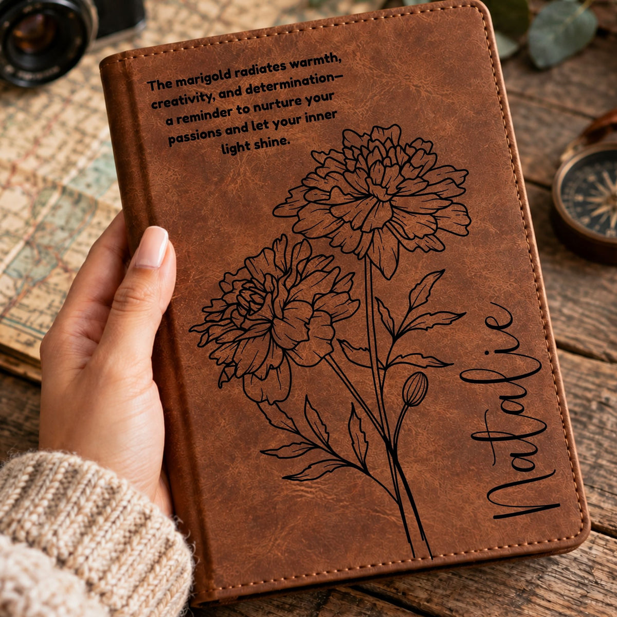 Personalized Birth Flower Journal, Laser Engraved Leatherette Notebook with Flower Meaning