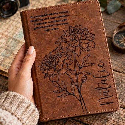 Personalized Birth Flower Journal, Laser Engraved Leatherette Notebook with Flower Meaning