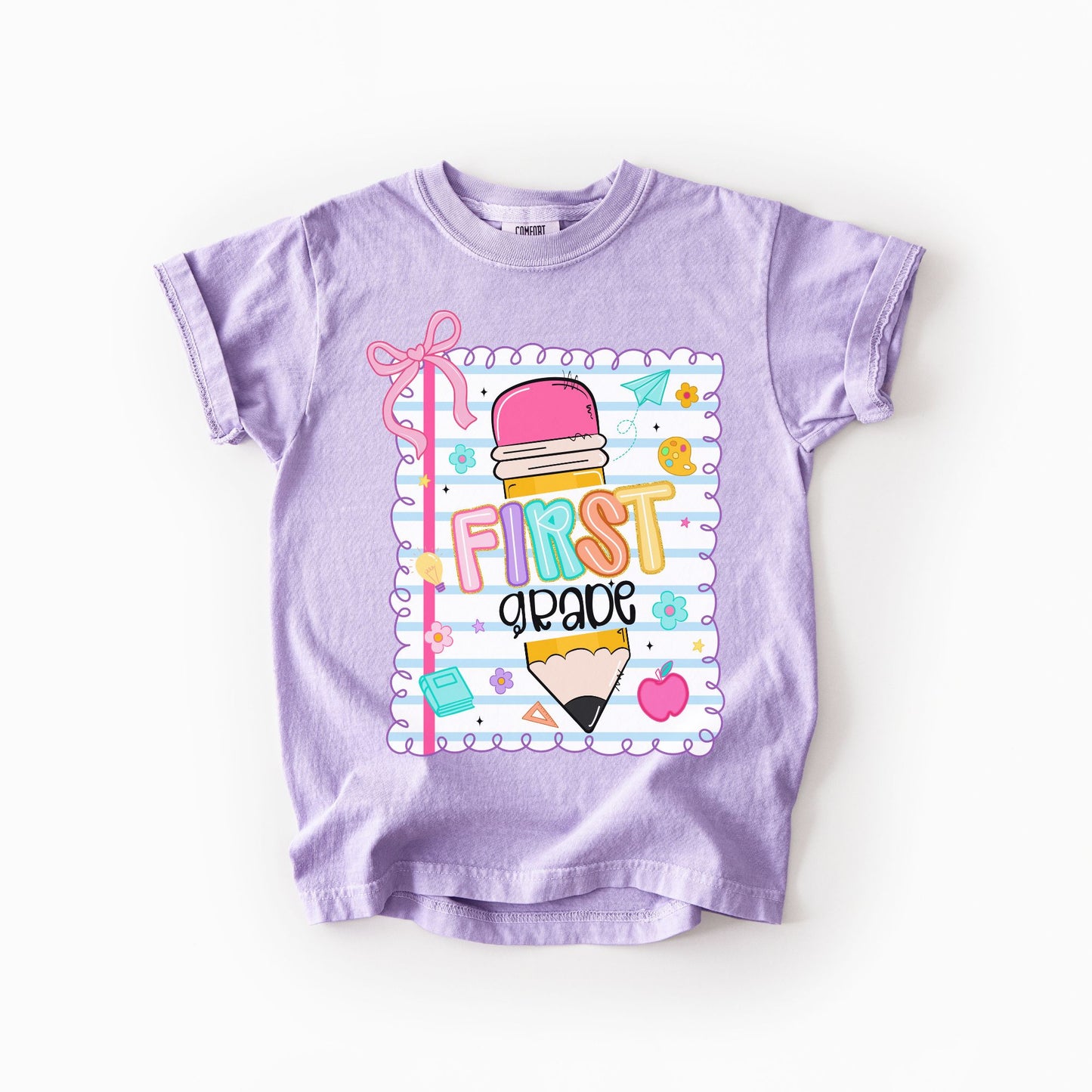 Girls Back to School Comfort Colors Tee – Pencil, Notebook & Ribbon - Pre-K to 5th Grade