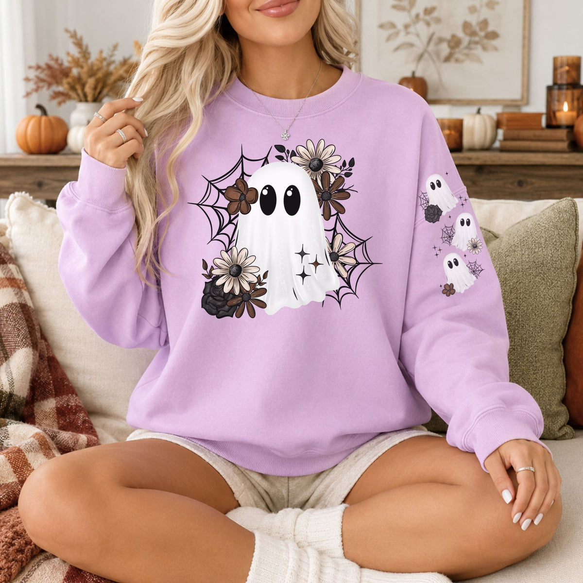 Ghost with Sleeve Ghosties Comfort Colors 1566 Sweatshirt | Halloween Sweatshirt