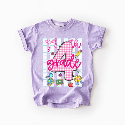 Girls Back to School Comfort Colors Tee – Striped Notebook & Pink Gingham Numbers