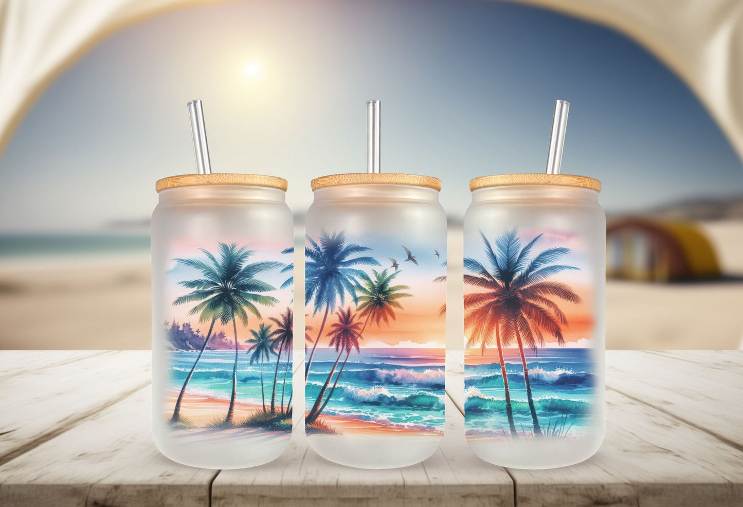 Tropical Beach Sunset Glass Can