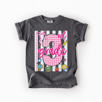 Girls Back to School Comfort Colors Tee – Striped Notebook & Pink Gingham Numbers
