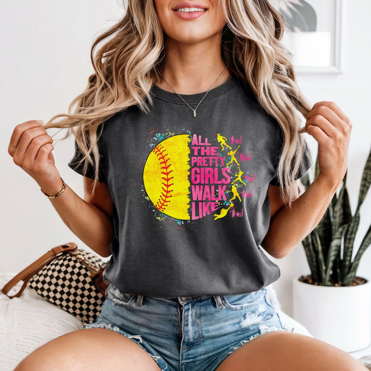 Pretty Girls Walk Like This - Softball Comfort Colors Vintage Heavyweight Tee