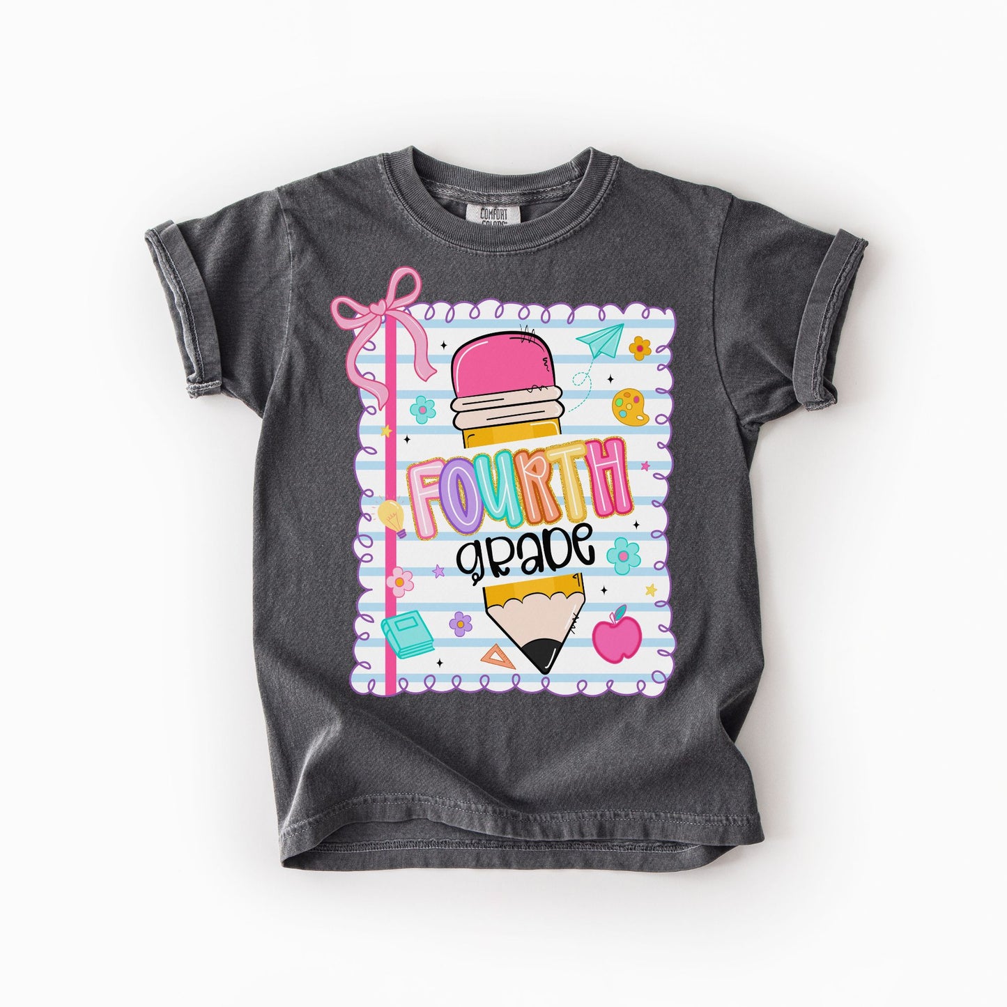 Girls Back to School Comfort Colors Tee – Pencil, Notebook & Ribbon - Pre-K to 5th Grade