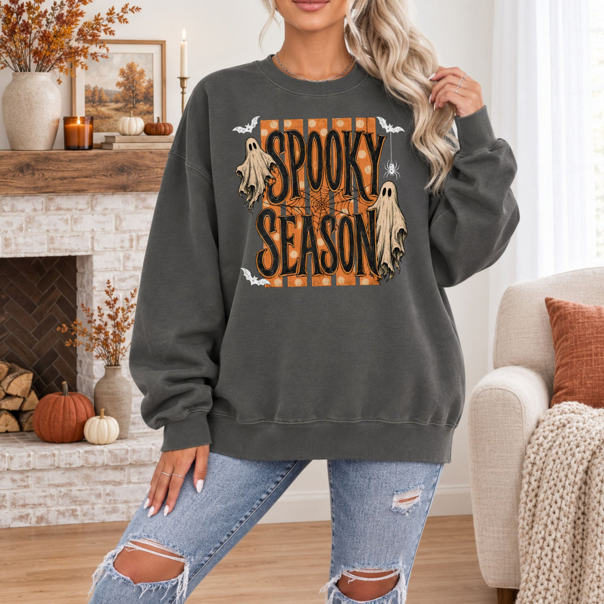 Spooky Season Halloween Comfort Colors Tee, Long Sleeve or Sweatshirt | Orange Stripes & Flying Ghosts