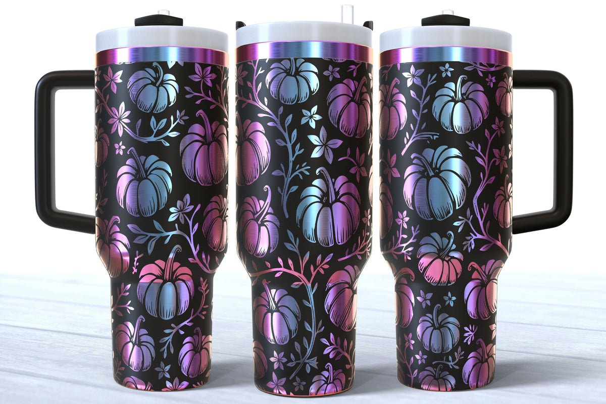 Pumpkins & Vines Laser Engraved Tumbler | Silver, Gold & Rainbow Plated