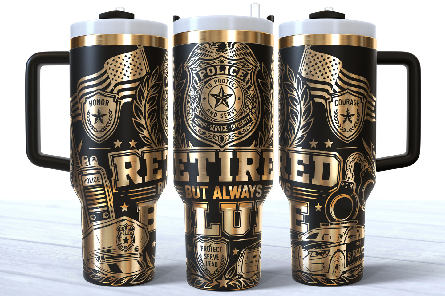 Retired But Always Blue Laser Engraved Makerflo Tumbler | Silver, Gold & Rainbow Plated