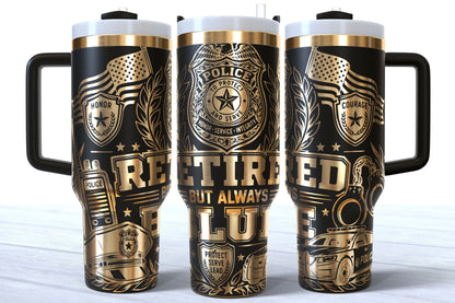 Retired But Always Blue Laser Engraved Makerflo Tumbler | Silver, Gold & Rainbow Plated