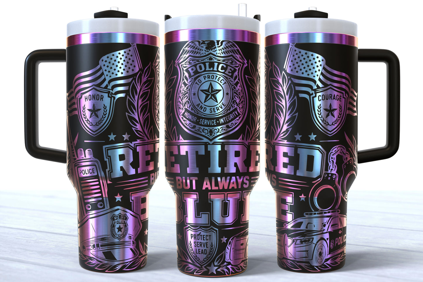 Retired But Always Blue Laser Engraved Makerflo Tumbler | Silver, Gold & Rainbow Plated