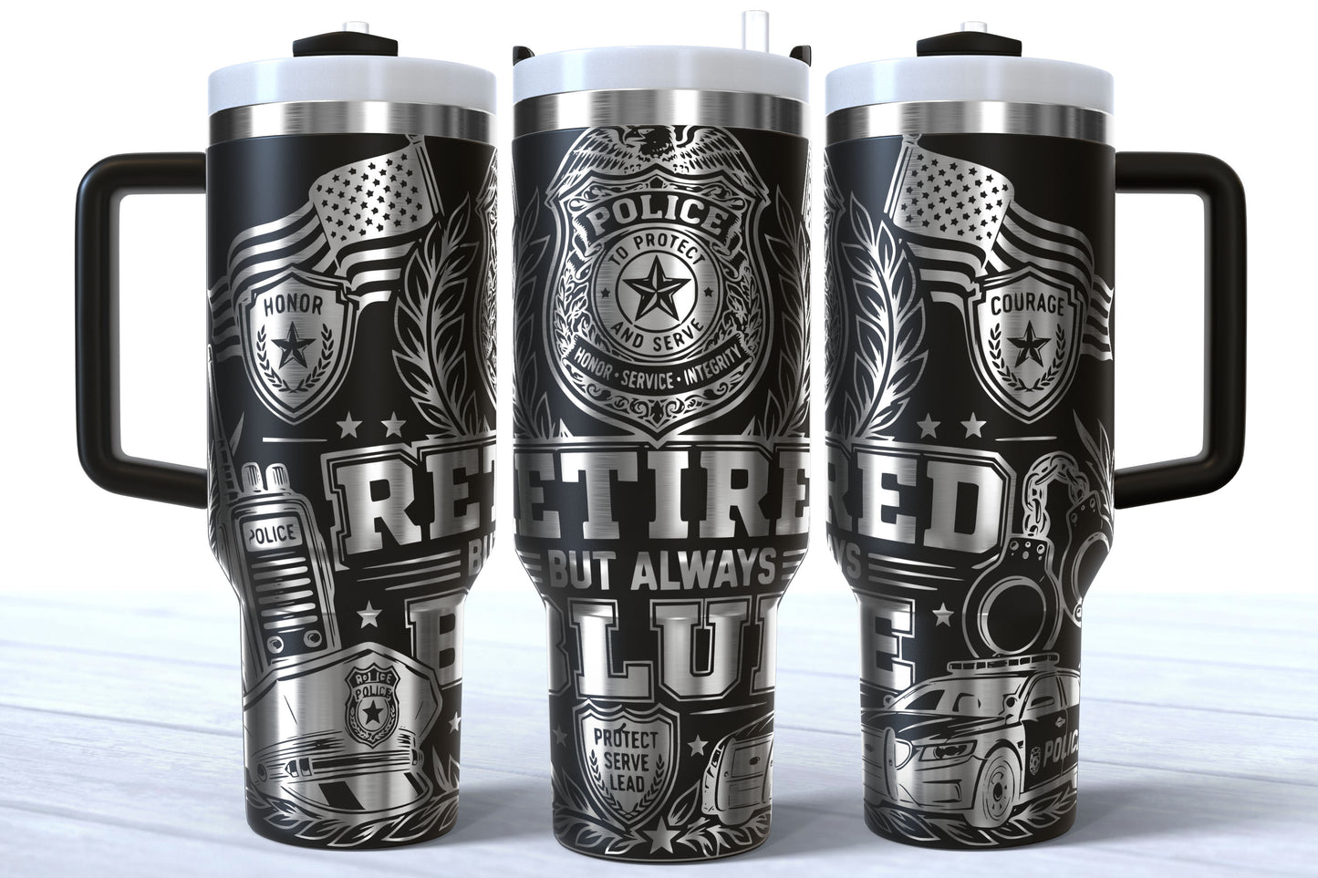 Retired But Always Blue Laser Engraved Makerflo Tumbler | Silver, Gold & Rainbow Plated