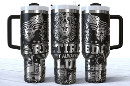Retired But Always Blue Laser Engraved Makerflo Tumbler | Silver, Gold & Rainbow Plated