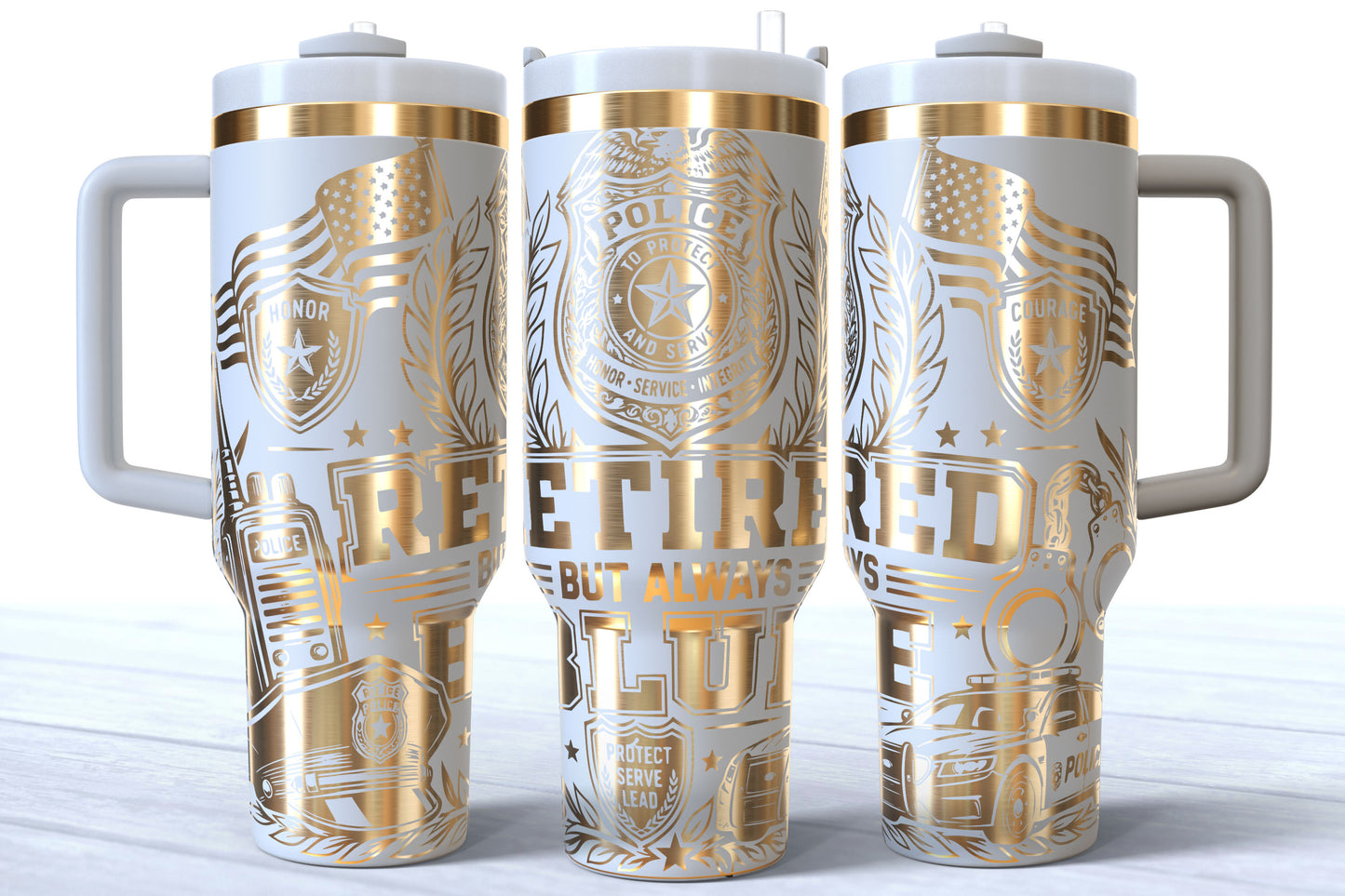 Retired But Always Blue Laser Engraved Makerflo Tumbler | Silver, Gold & Rainbow Plated