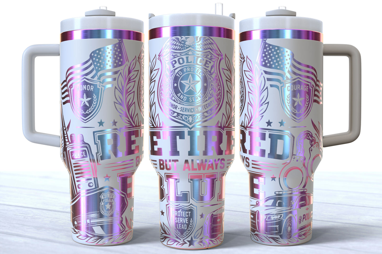 Retired But Always Blue Laser Engraved Makerflo Tumbler | Silver, Gold & Rainbow Plated