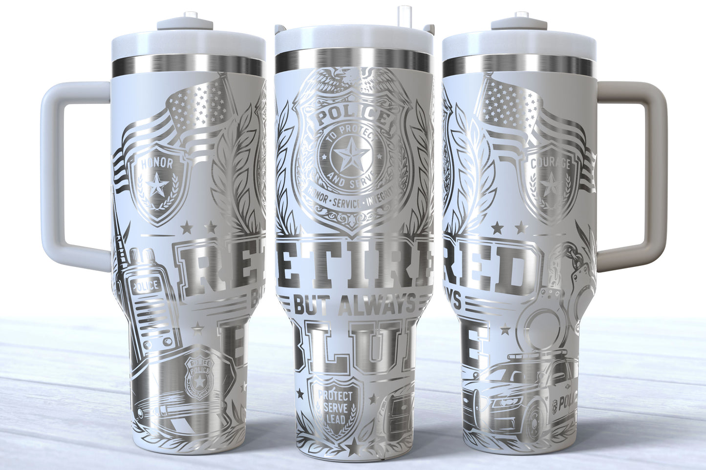 Retired But Always Blue Laser Engraved Makerflo Tumbler | Silver, Gold & Rainbow Plated