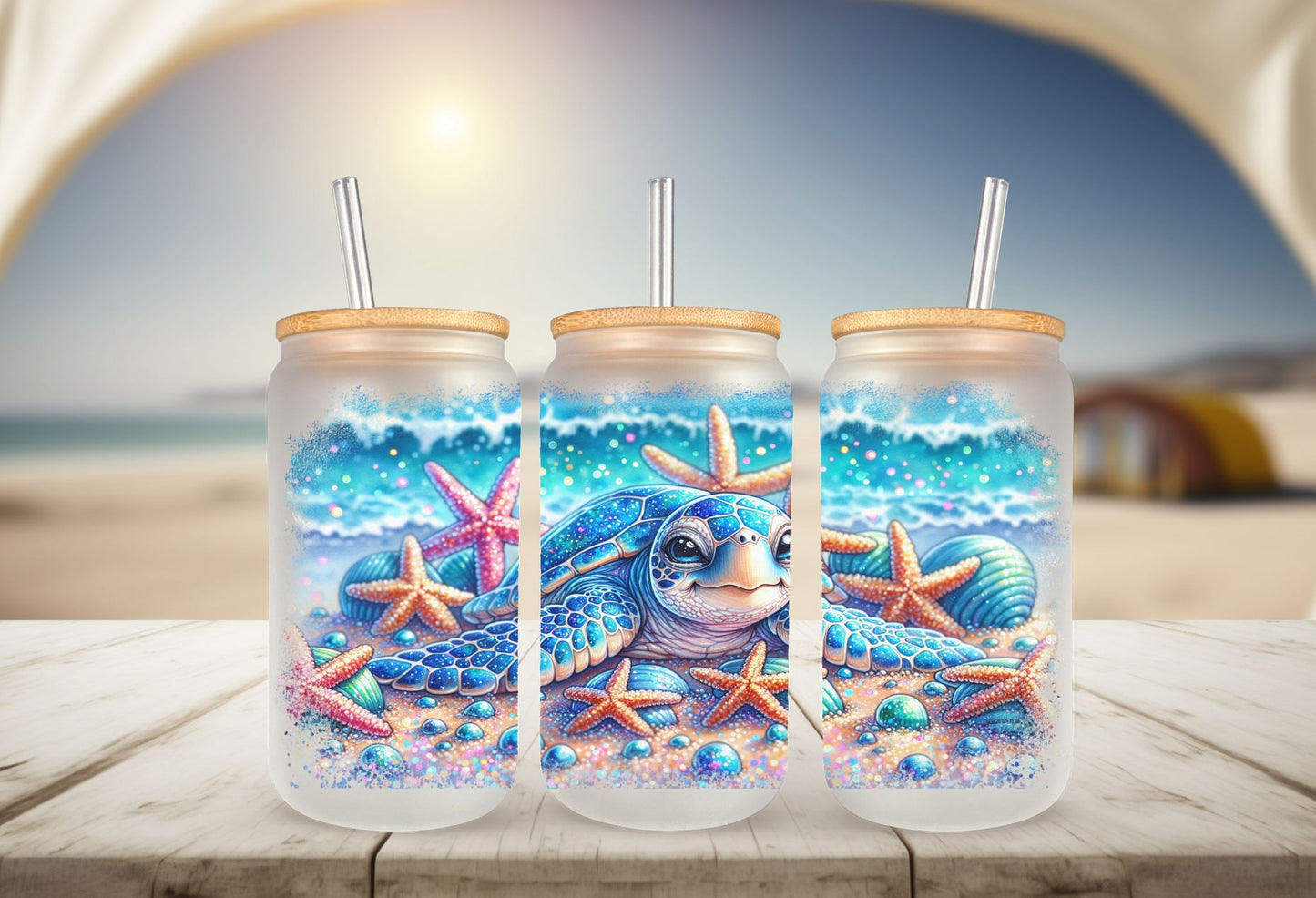 Blue Sea Turtle & Starfish Glass Can