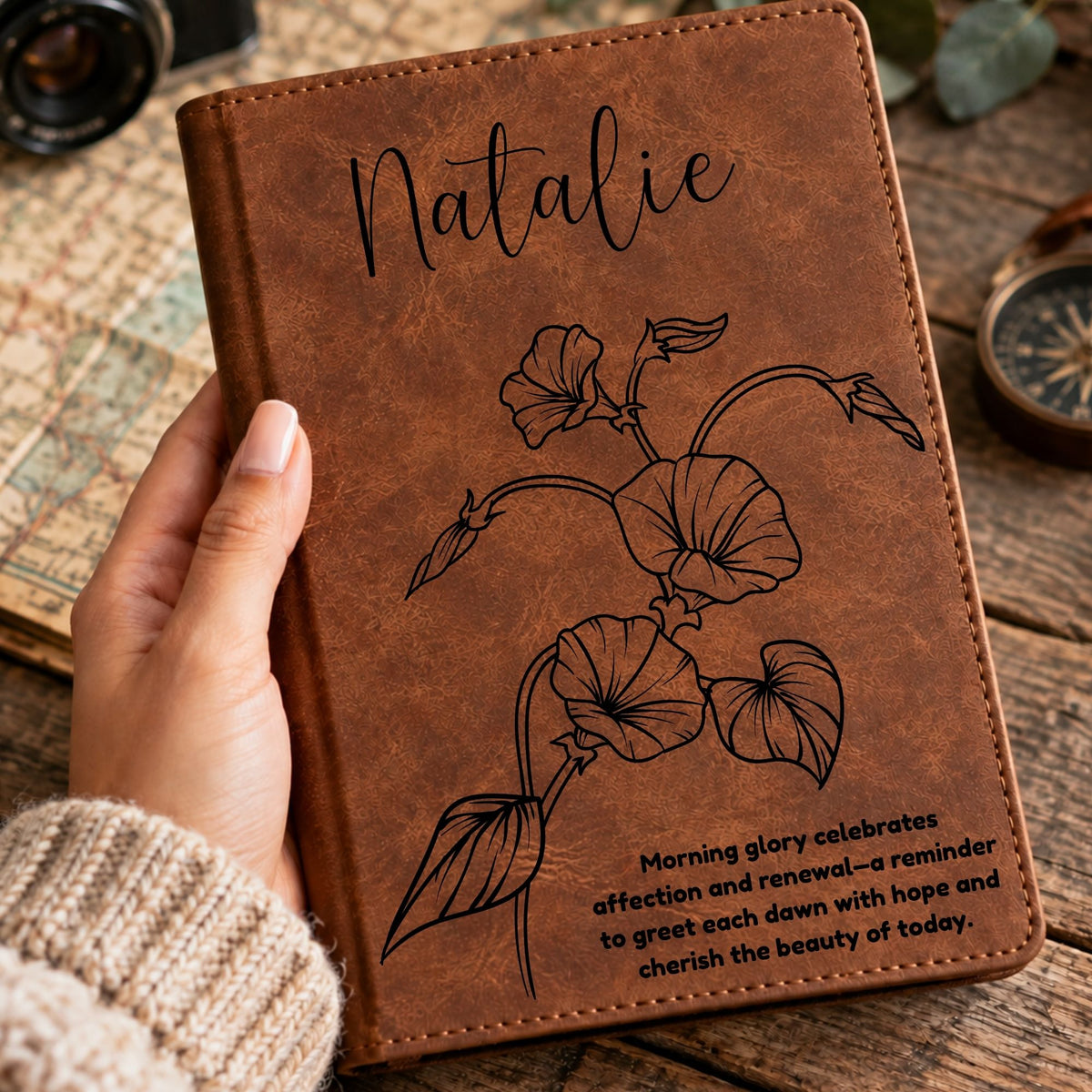 Personalized Birth Flower Journal, Laser Engraved Leatherette Notebook with Flower Meaning