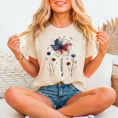 America Faith Freedom Pride 1776–2026 Floral Tee | Bella Canvas 3001
