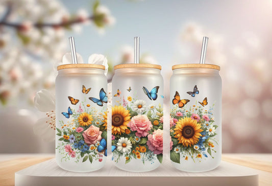 Sunflowers & Butterflies Glass Can