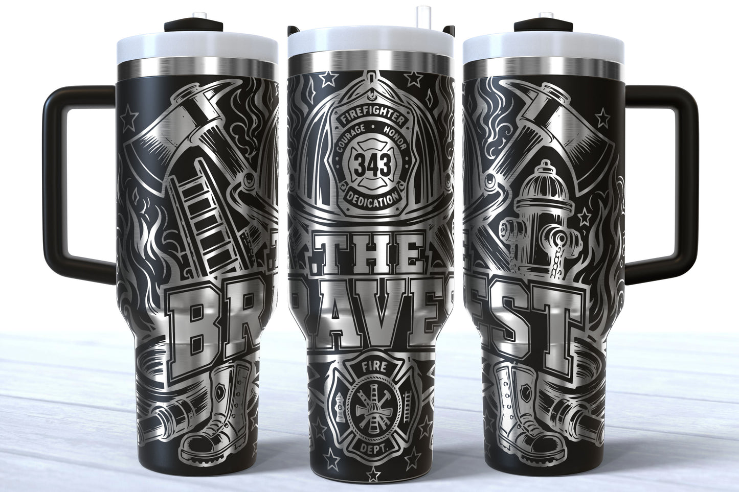 The Bravest Laser Engraved Firefighter Tumbler | Silver, Gold & Rainbow Plated