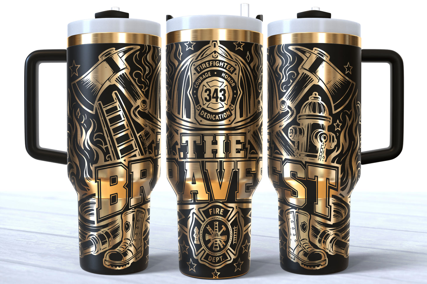 The Bravest Laser Engraved Firefighter Tumbler | Silver, Gold & Rainbow Plated