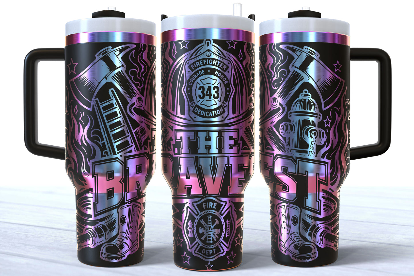 The Bravest Laser Engraved Firefighter Tumbler | Silver, Gold & Rainbow Plated