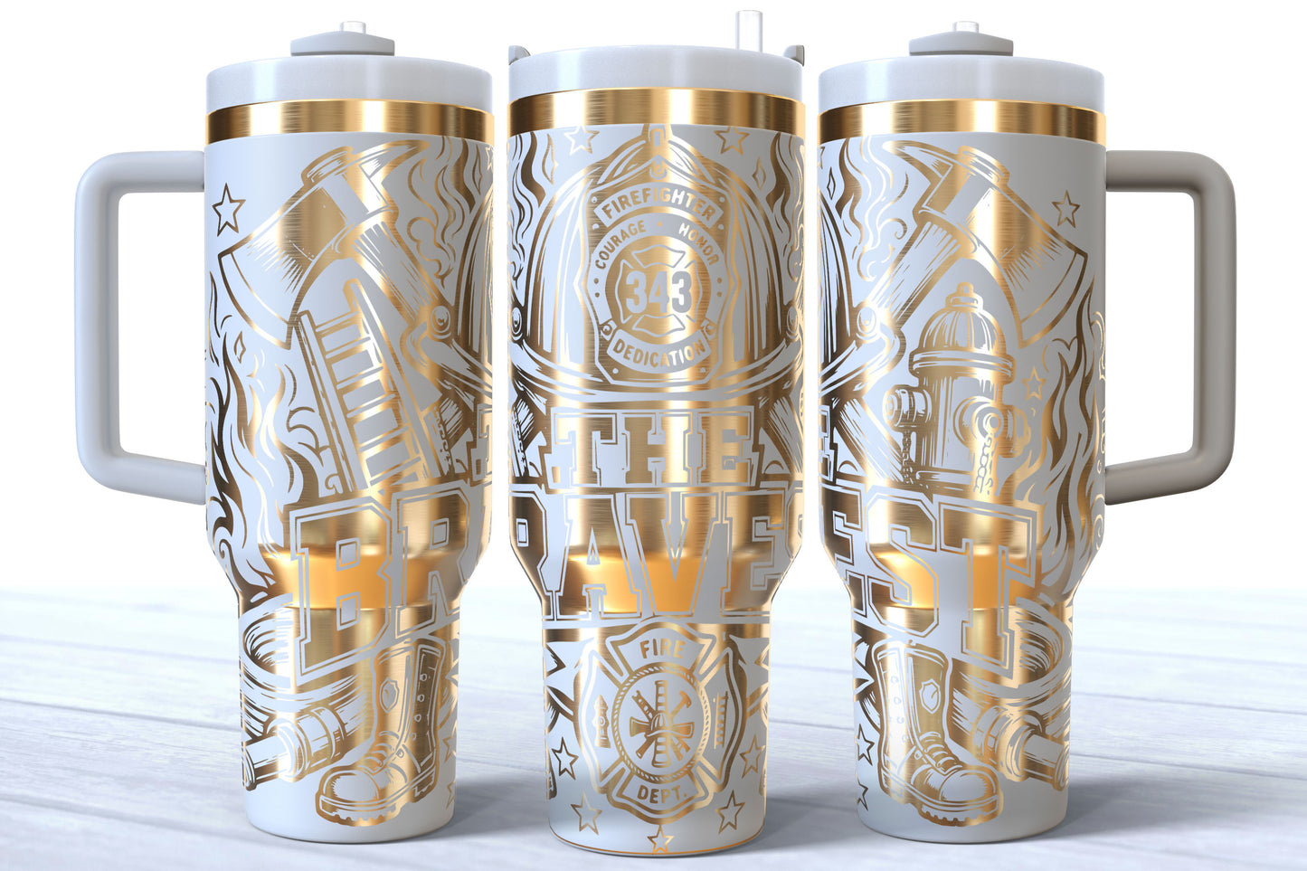 The Bravest Laser Engraved Firefighter Tumbler | Silver, Gold & Rainbow Plated