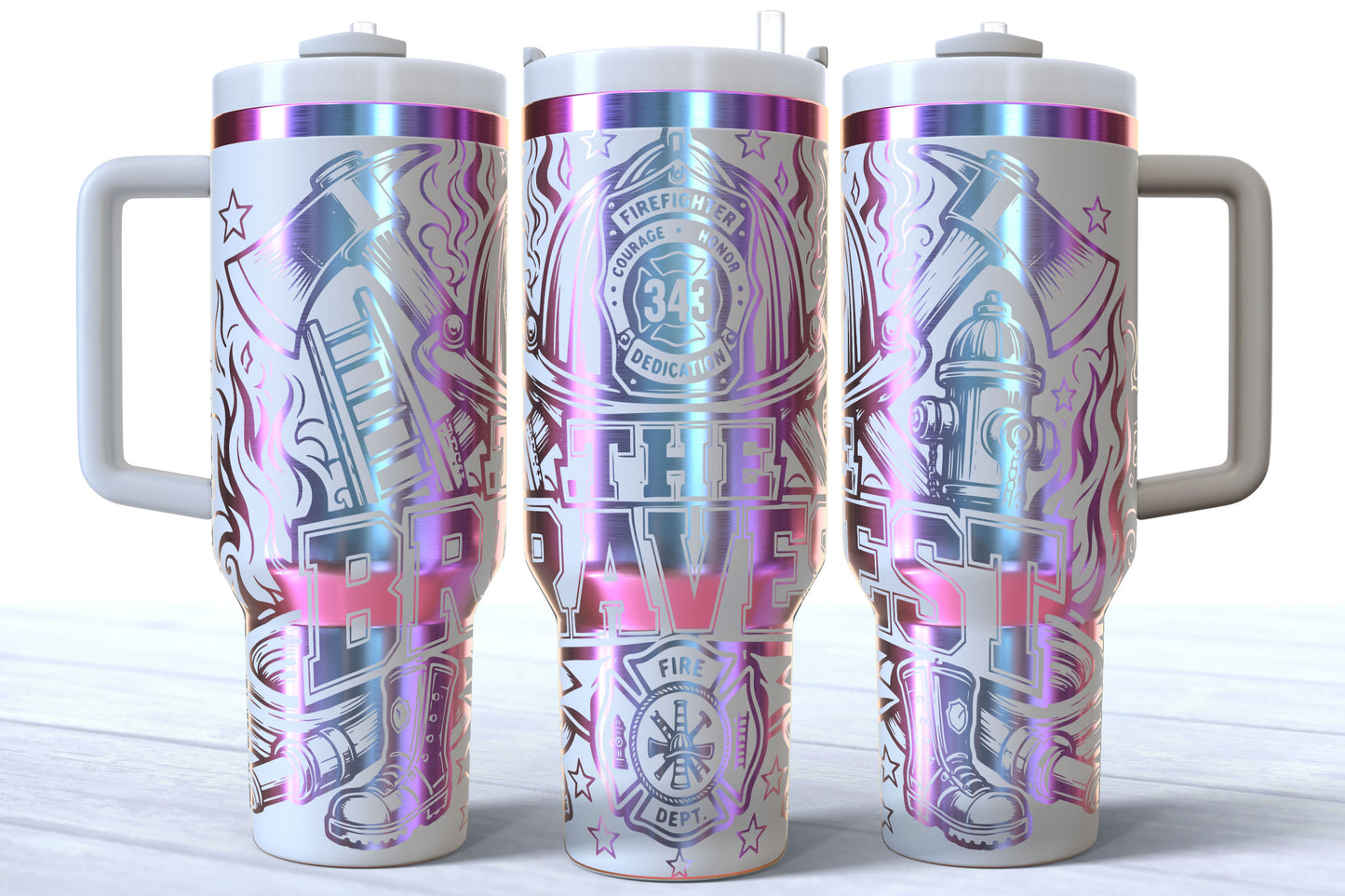 The Bravest Laser Engraved Firefighter Tumbler | Silver, Gold & Rainbow Plated