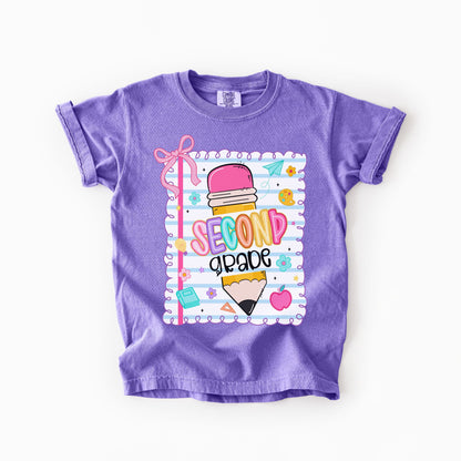 Girls Back to School Comfort Colors Tee – Pencil, Notebook & Ribbon - Pre-K to 5th Grade