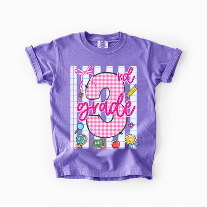 Girls Back to School Comfort Colors Tee – Striped Notebook & Pink Gingham Numbers