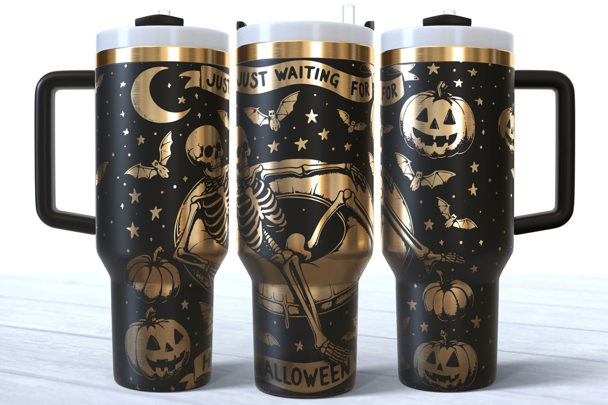 Summerween Skeleton Laser Engraved Tumbler | Just Waiting for Halloween | Silver, Gold & Rainbow Plated